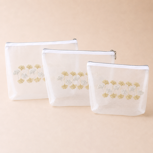 SET X 3 COSMETIQUERAS GINKGOS DORADOS-PLATA