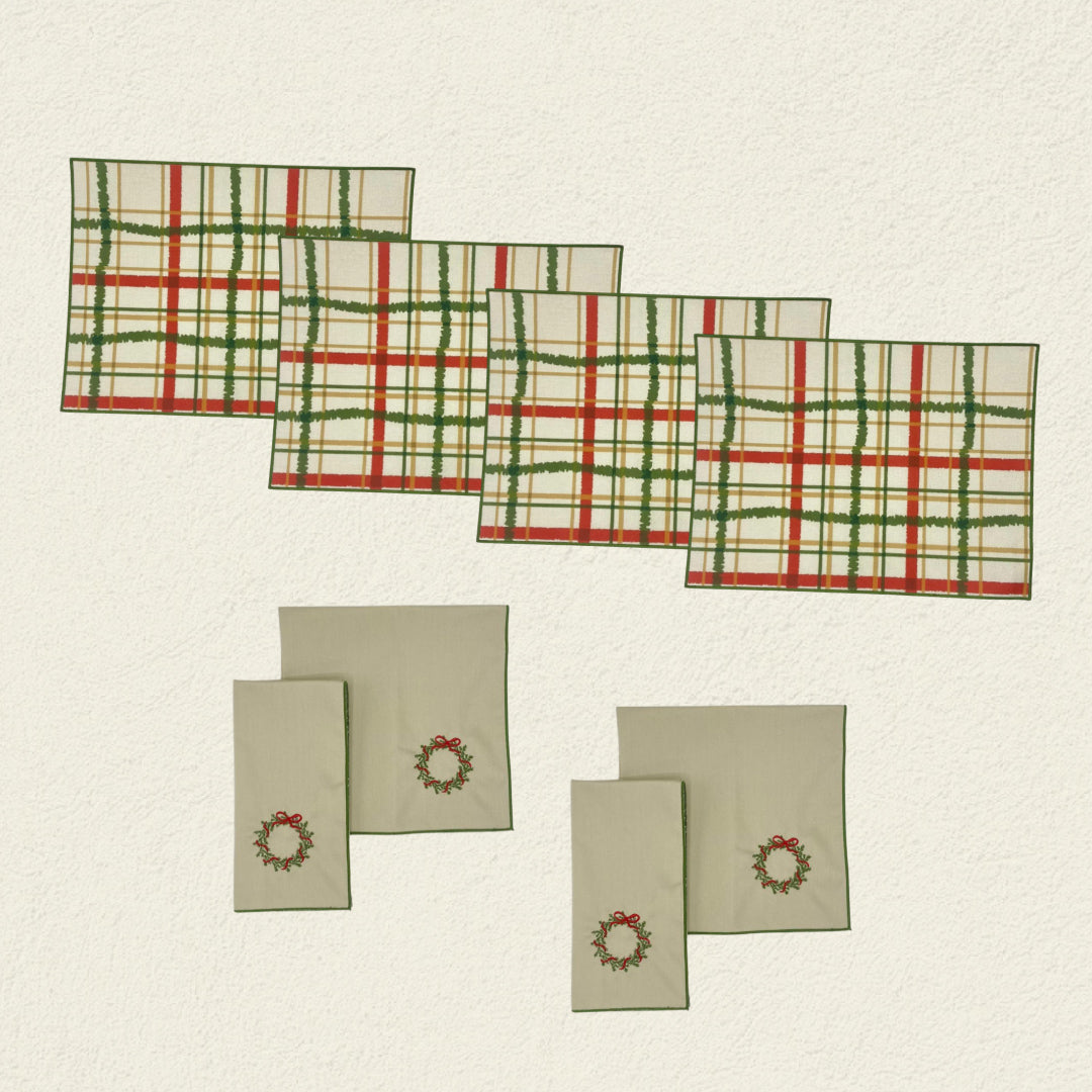 SET INDIVIDUALES CORONA DE NAVIDAD + SERVILLETAS CORONA